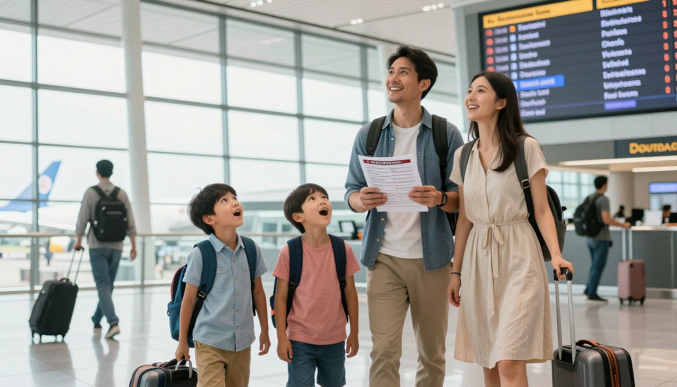 Happy family at international airport departure terminal