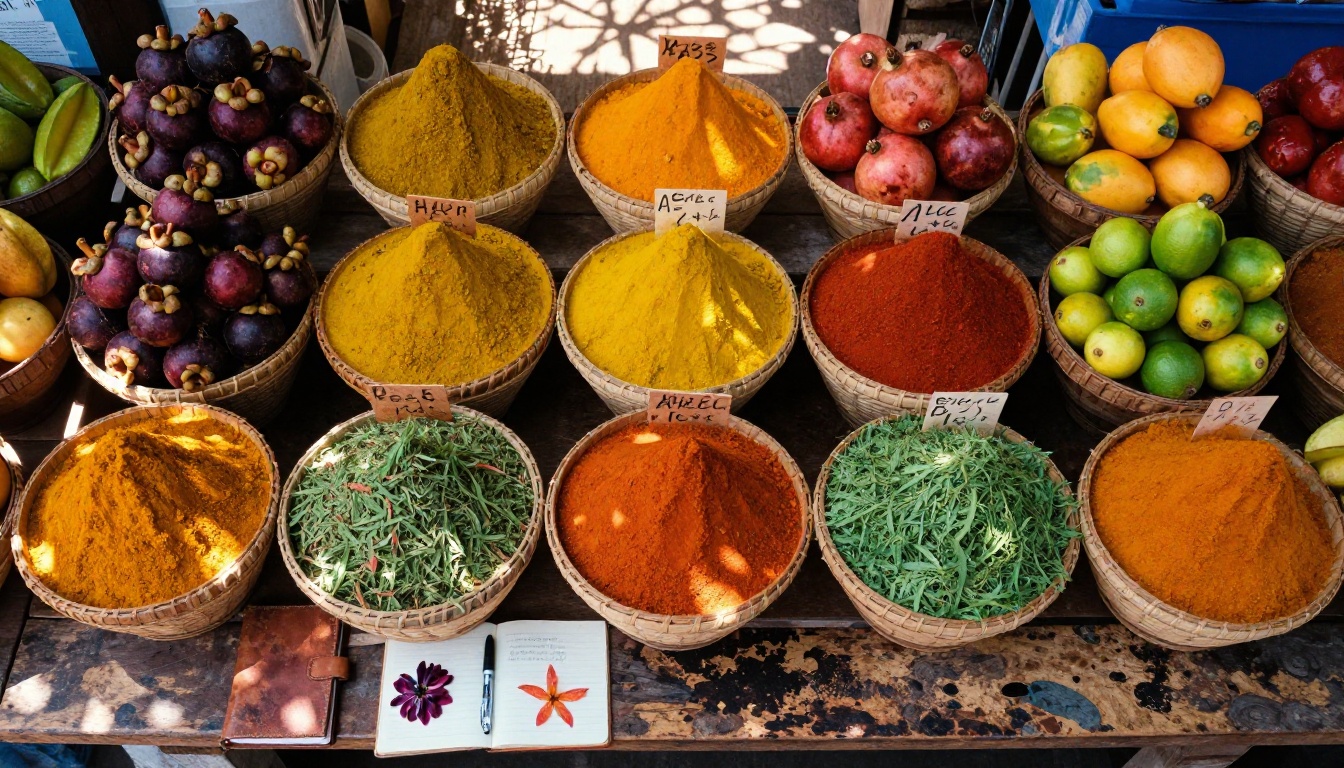 Colorful spice market with tropical fruits and travel journal