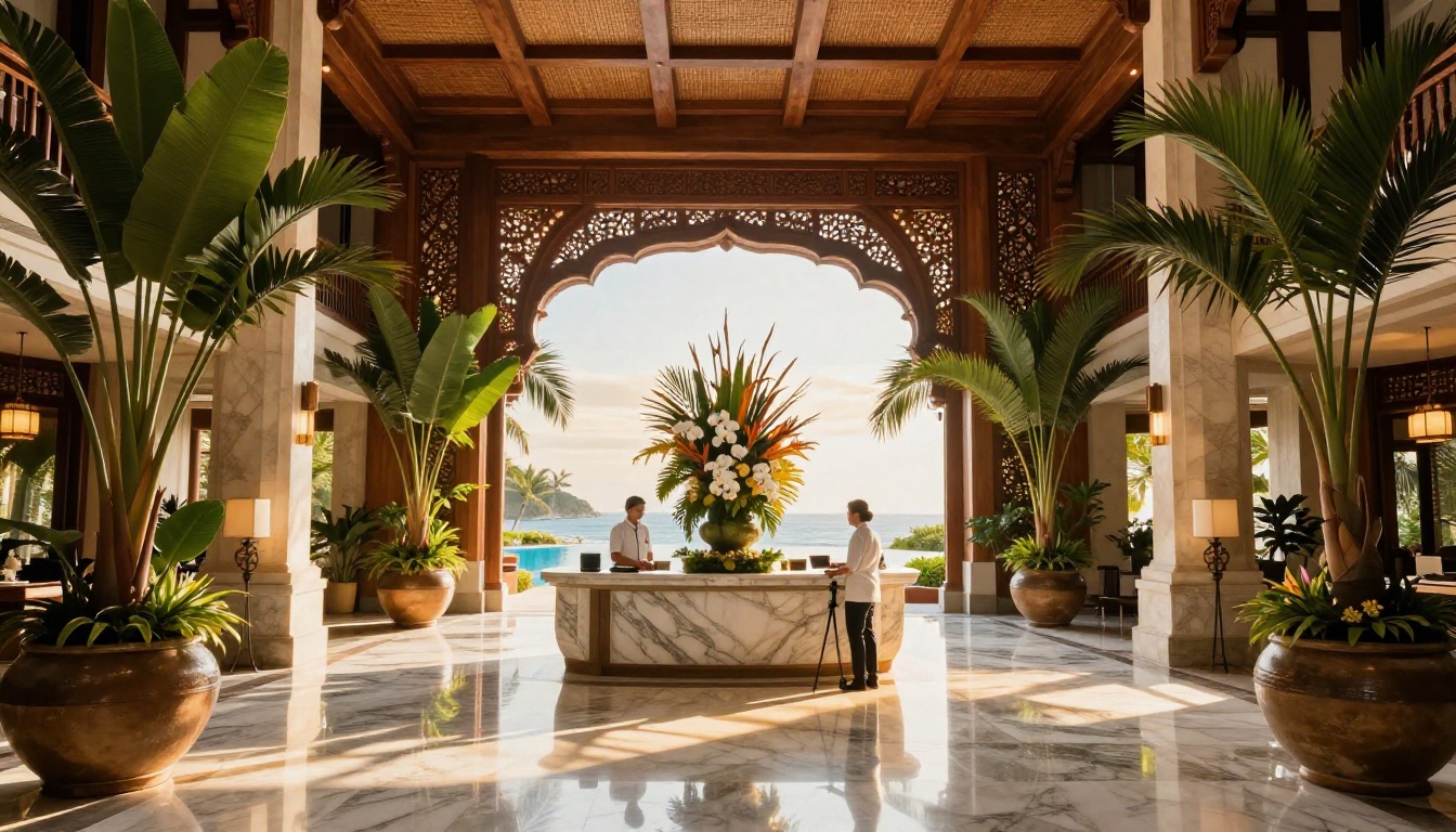 Luxury tropical resort hotel lobby with marble floors and tropical plants