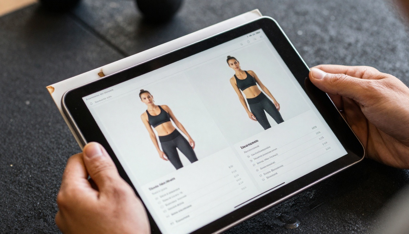 Fitness trainer's hands comparing a printed workout plan with a digital version on a tablet
