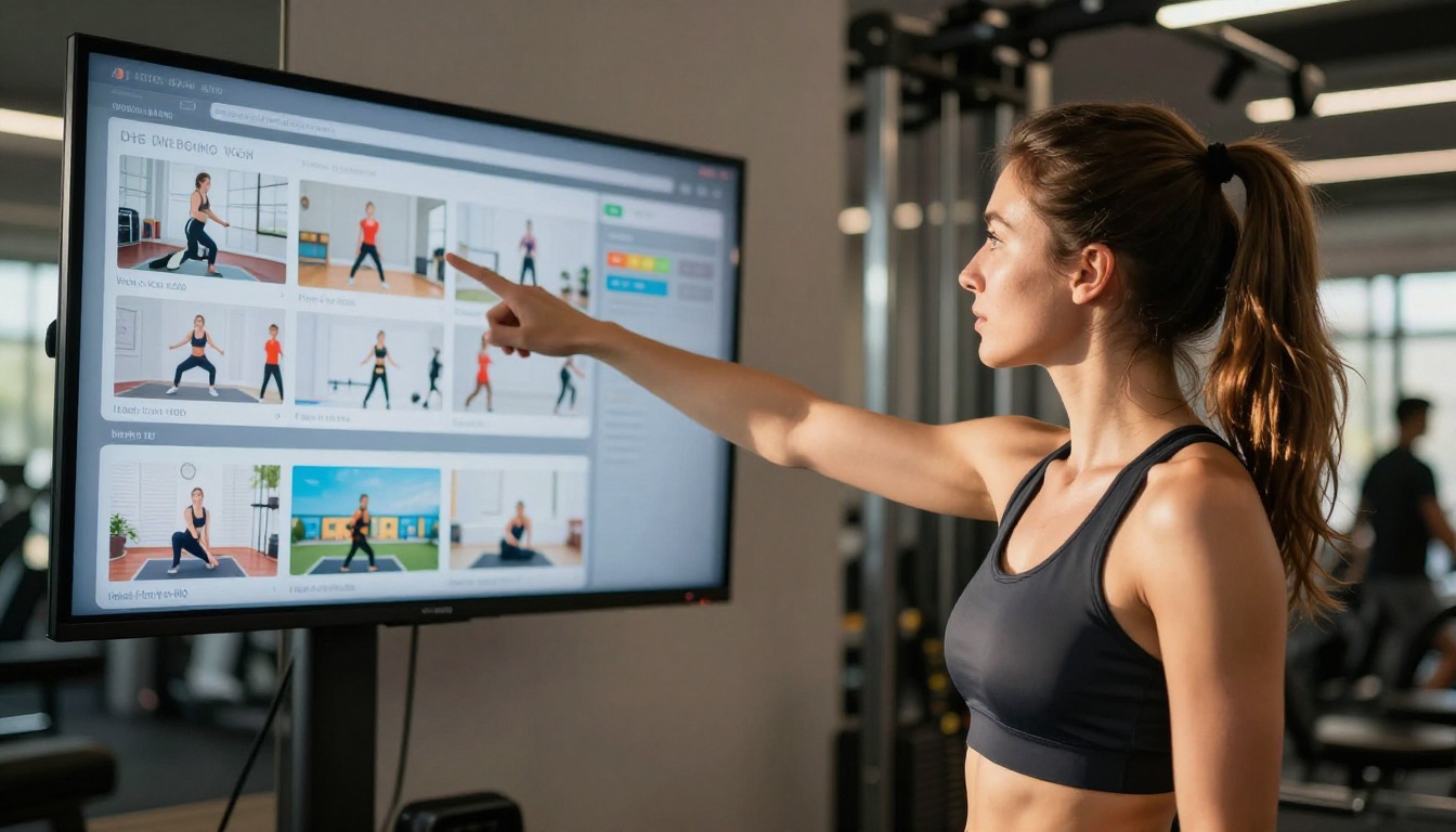 Female personal trainer pointing at a colorful digital workout program displayed on a large gym wall monitor