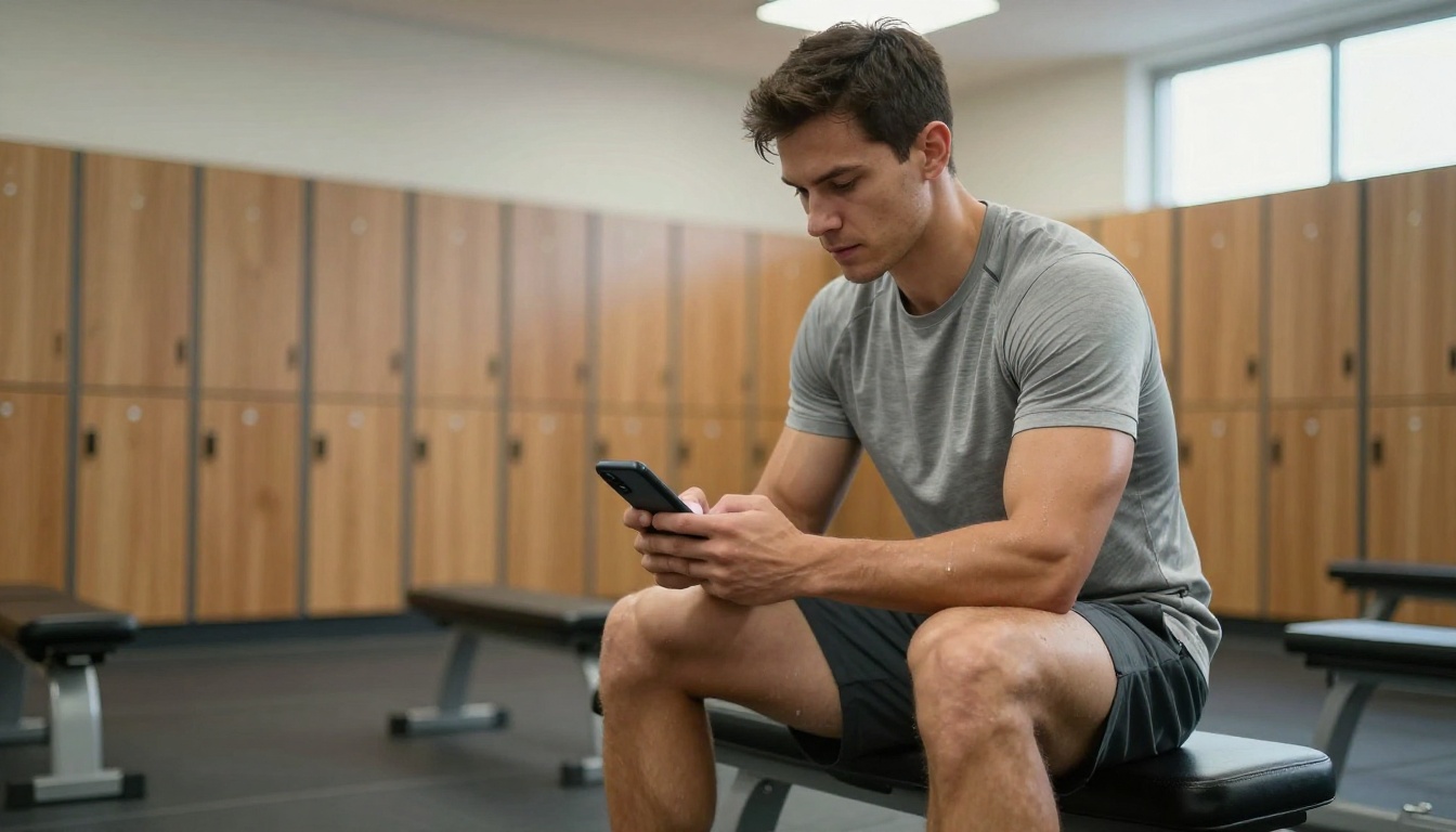 Male fitness client scrolling through a digital workout plan on his smartphone while seated on a padded gym bench