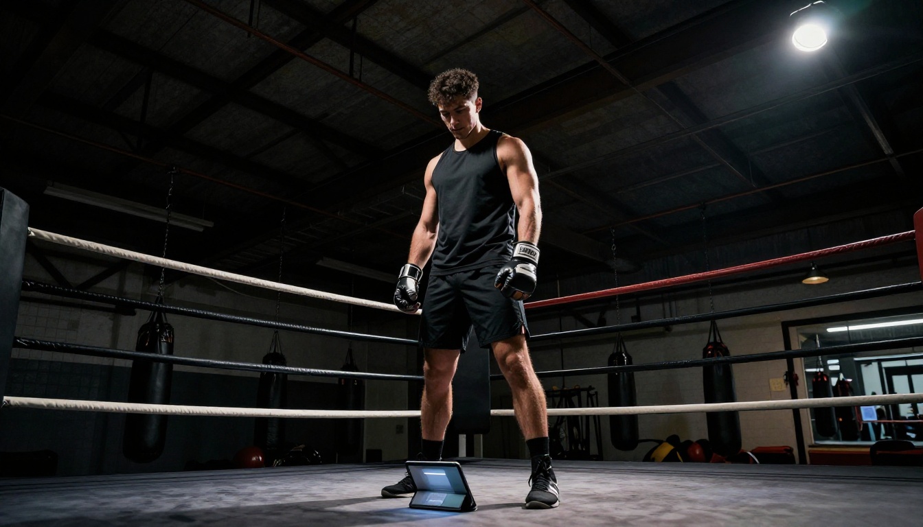 Low-angle shot of a fitness trainer looking down at a tablet propped on a boxing ring apron in an industrial gym setting