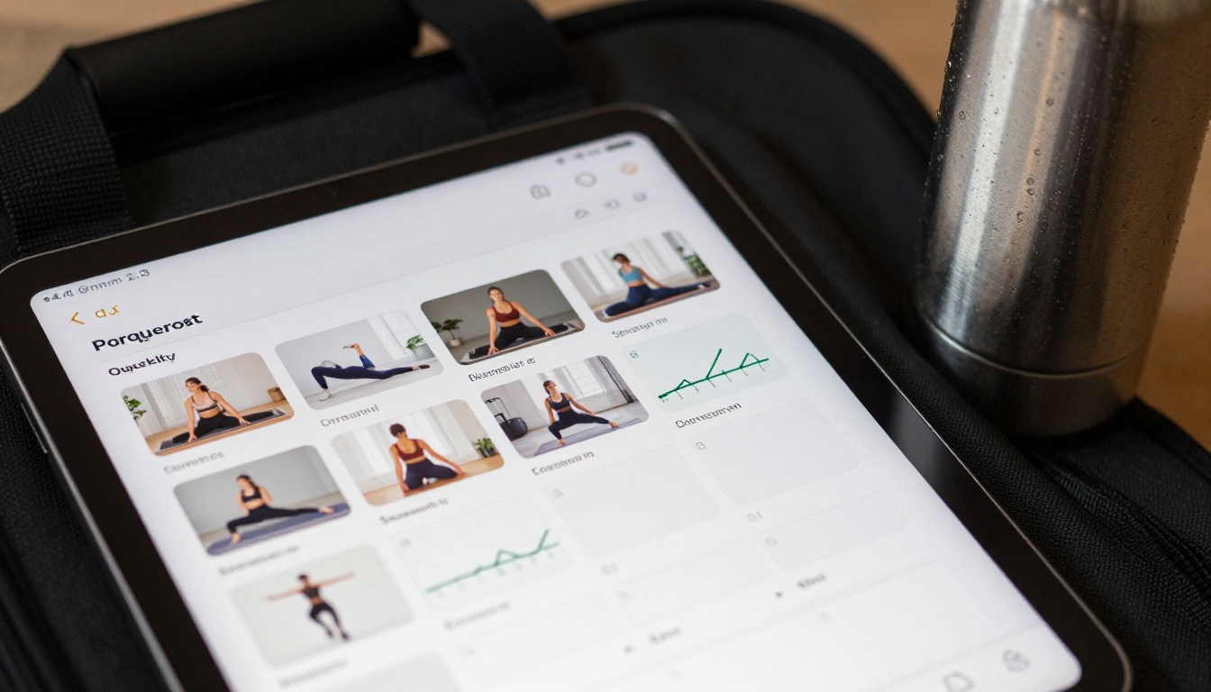 Close-up detail of a tablet showing a digital workout schedule resting on a gym bag with a stainless steel water bottle nearby