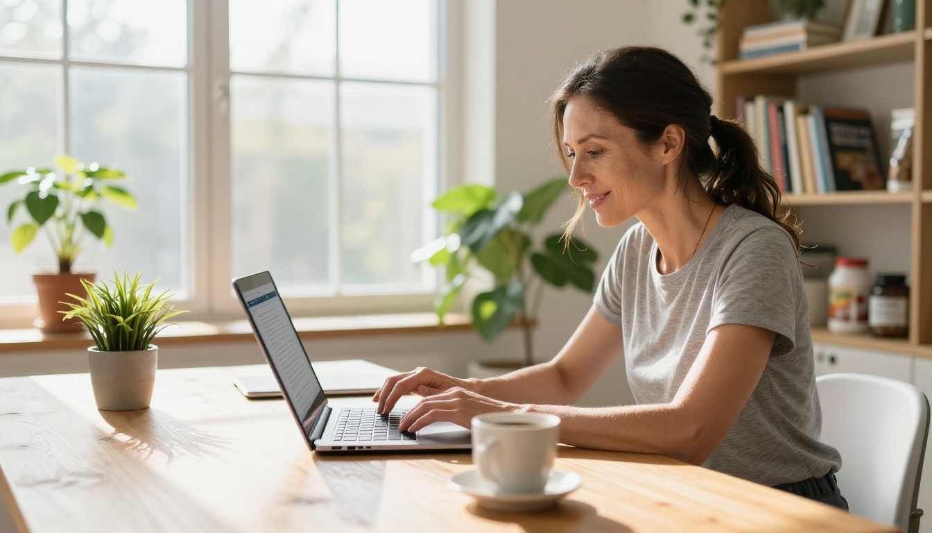 Female fitness coach working on a laptop at a bright home office desk with indoor plants and natural morning light