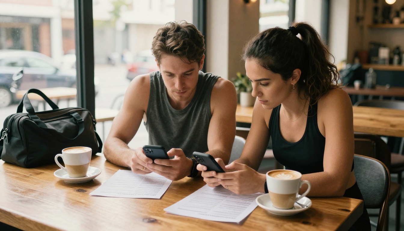 Two personal trainers reviewing workout program materials together at a wooden cafe table with coffee cups and gym bags