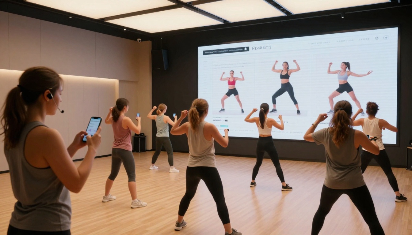 Group fitness class in a bright modern studio with participants checking smartphones and a digital workout screen at the front of the room