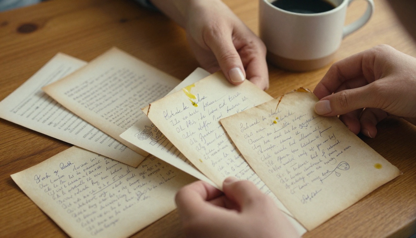 Hands sorting through handwritten recipe cards on a warm kitchen table