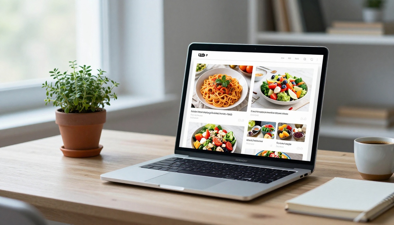 A laptop displaying a digital recipe flipbook on a birchwood desk