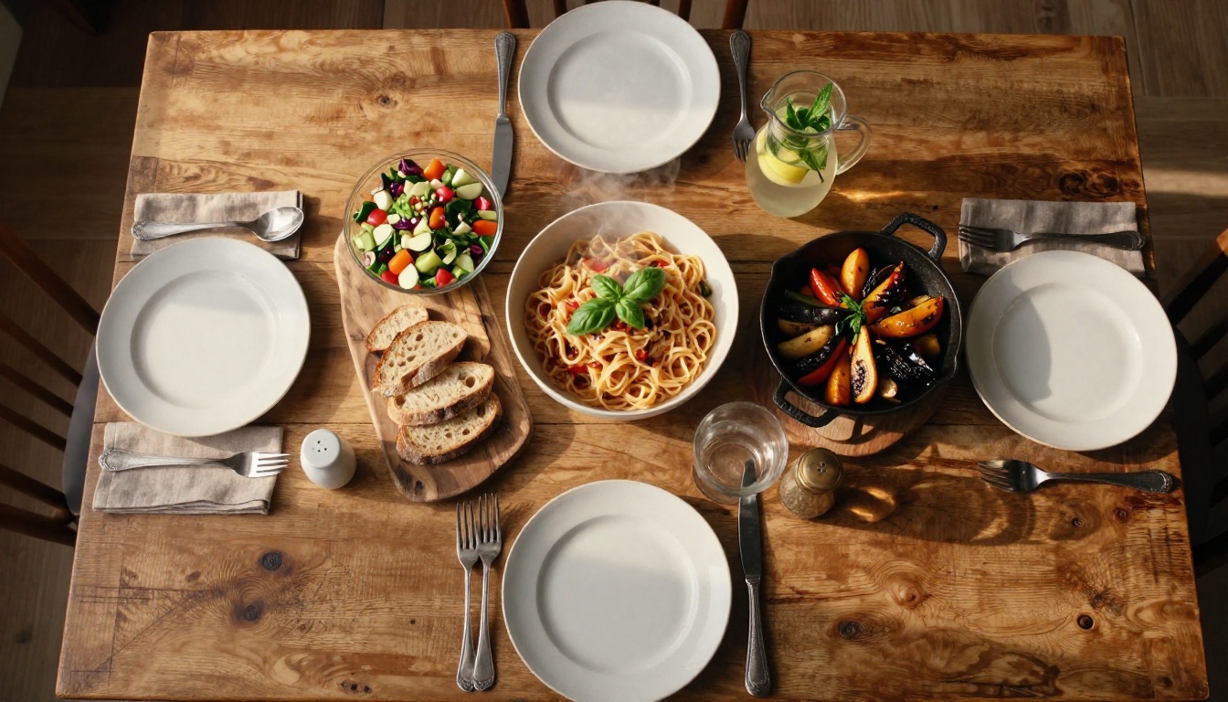 Aerial view of a fully styled family dinner table with multiple dishes