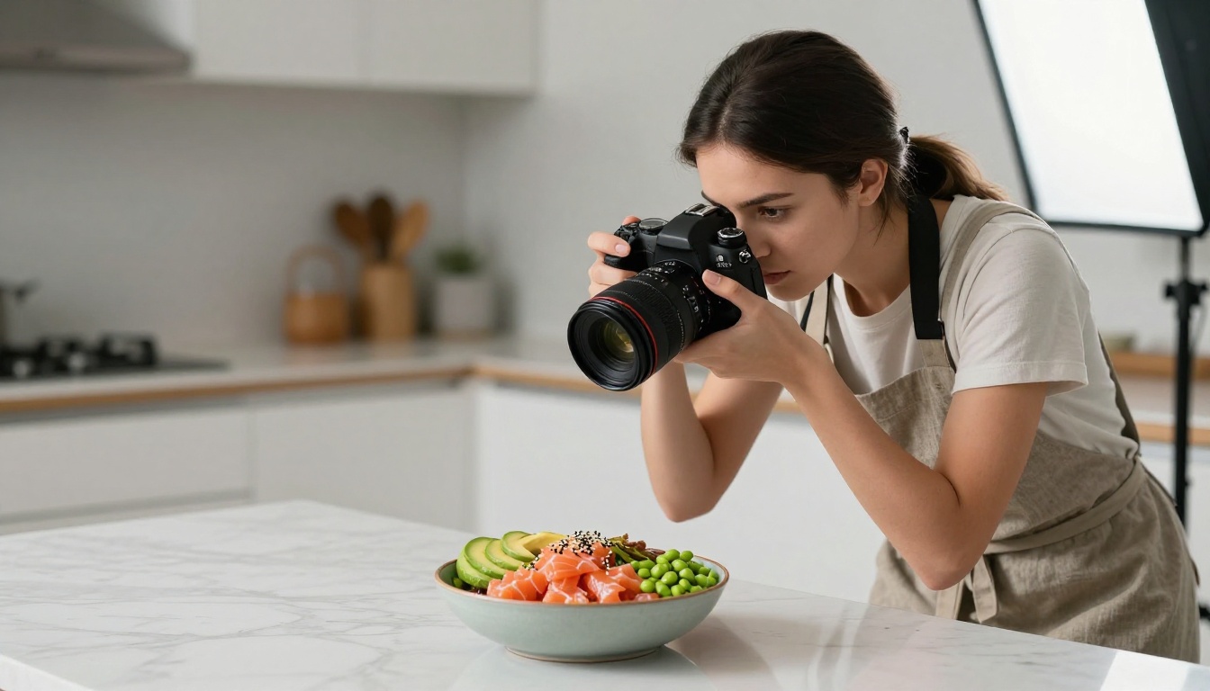 A food photographer shooting a styled poke bowl on a marble countertop