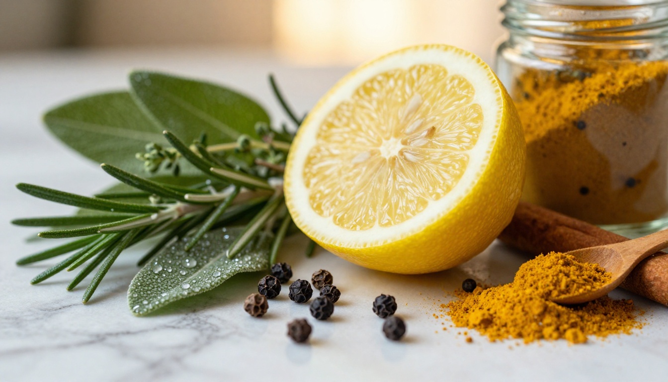 Close-up macro of fresh herbs and spices on white marble with warm lighting