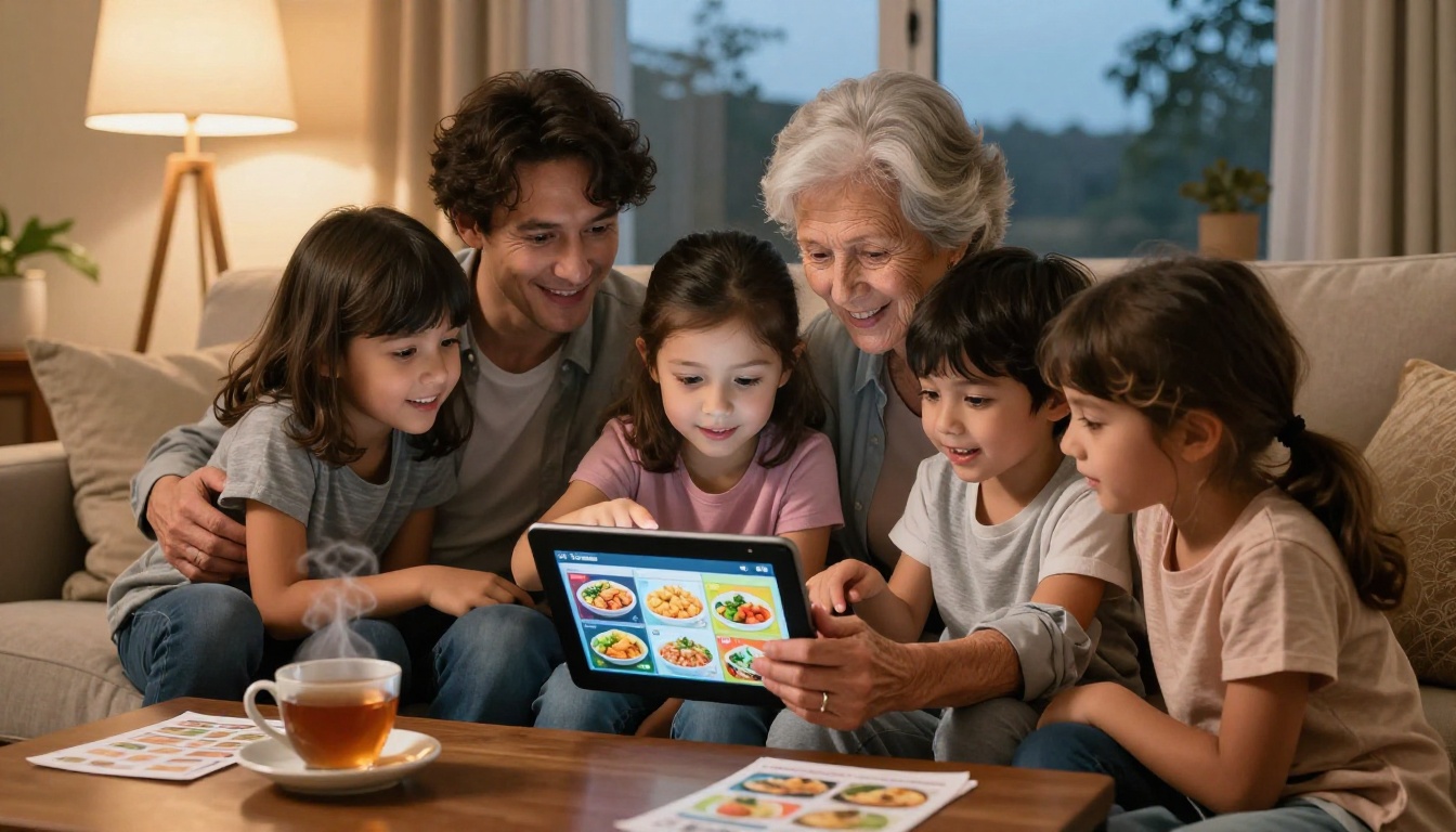 A multigenerational family gathered on a sofa viewing a recipe flipbook on a tablet