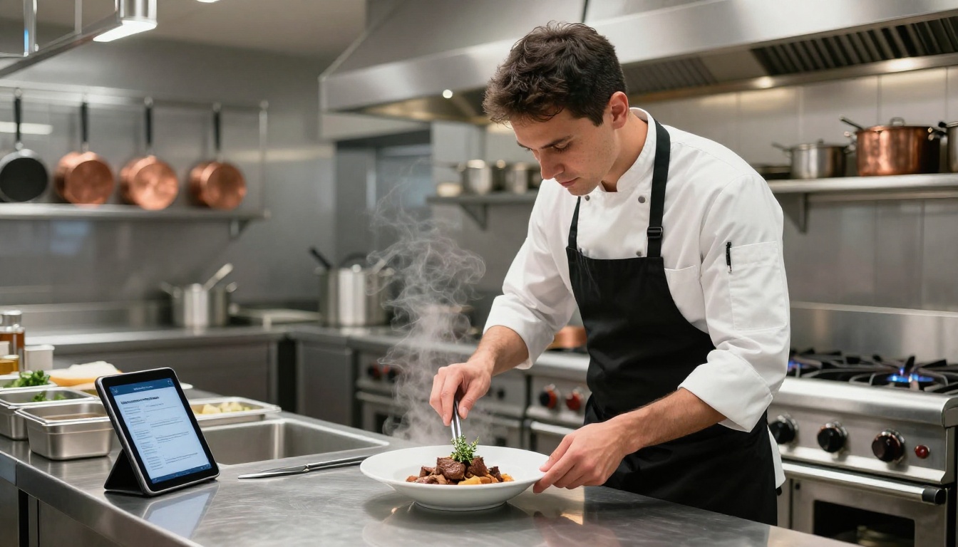 A chef in a commercial kitchen referencing a digital recipe on an iPad while plating a dish