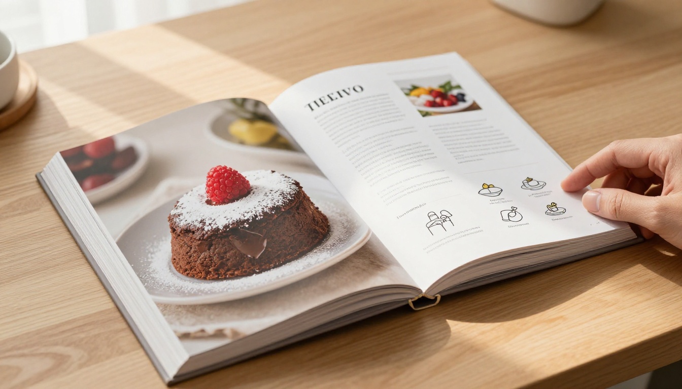 An open cookbook spread showing a chocolate lava cake recipe with rich food photography
