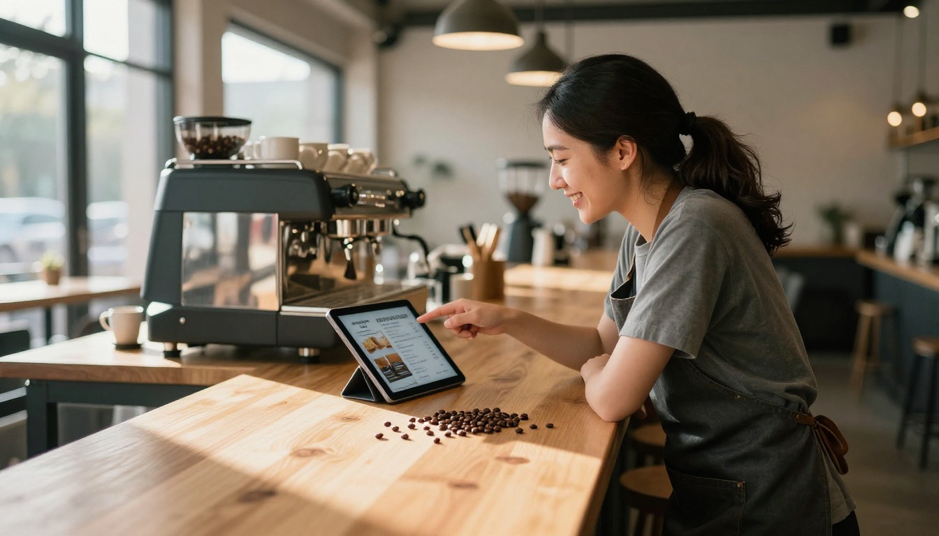 Friendly barista in a charcoal apron leaning across a pale wood counter pointing to a mounted tablet showing a digital cafe menu, morning light from large industrial windows Friendly barista in a charcoal apron leaning across a pale wood counter pointing to a mounted tablet showing a digital cafe menu, morning light from large industrial windows