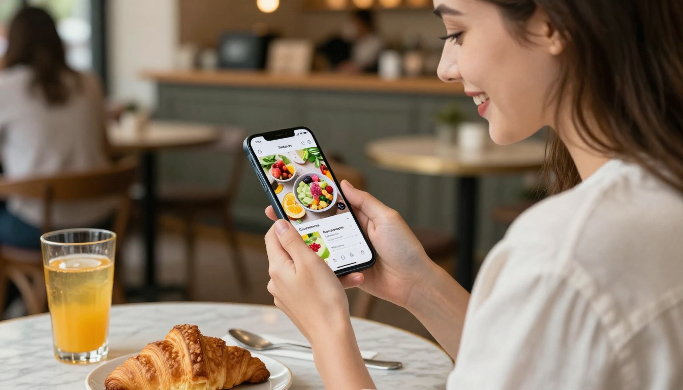 A young woman at a cafe viewing a recipe flipbook on her smartphone, smiling