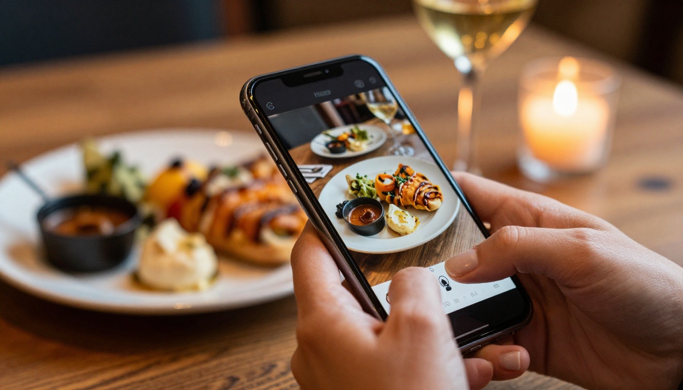 A woman's hands with natural manicure holding a smartphone showing a gorgeous digital restaurant menu with rich food photography, rustic wooden table and wine glass in soft background A woman's hands with natural manicure holding a smartphone showing a gorgeous digital restaurant menu with rich food photography, rustic wooden table and wine glass in soft background
