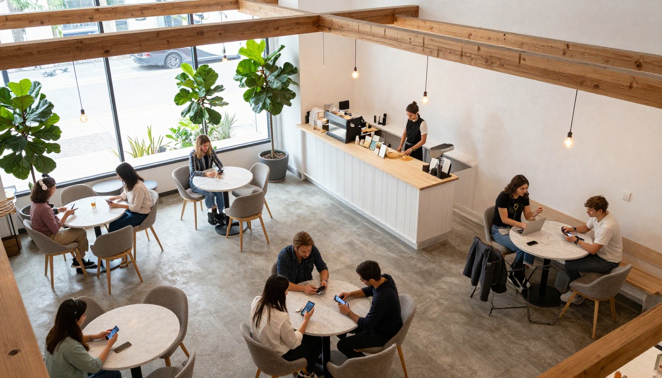 Aerial view of a stylish modern cafe with Scandinavian interior design, customers at marble tables browsing digital menus on their phones, warm Edison bulb lighting Aerial view of a stylish modern cafe with Scandinavian interior design, customers at marble tables browsing digital menus on their phones, warm Edison bulb lighting