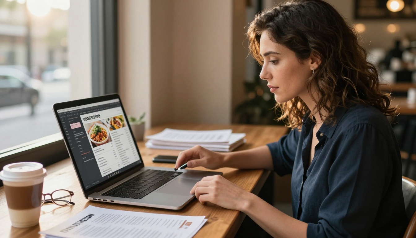 Female restaurant owner with wavy hair seated at a wooden desk customizing a digital flipbook menu on her laptop, warm afternoon light from a side window Female restaurant owner with wavy hair seated at a wooden desk customizing a digital flipbook menu on her laptop, warm afternoon light from a side window
