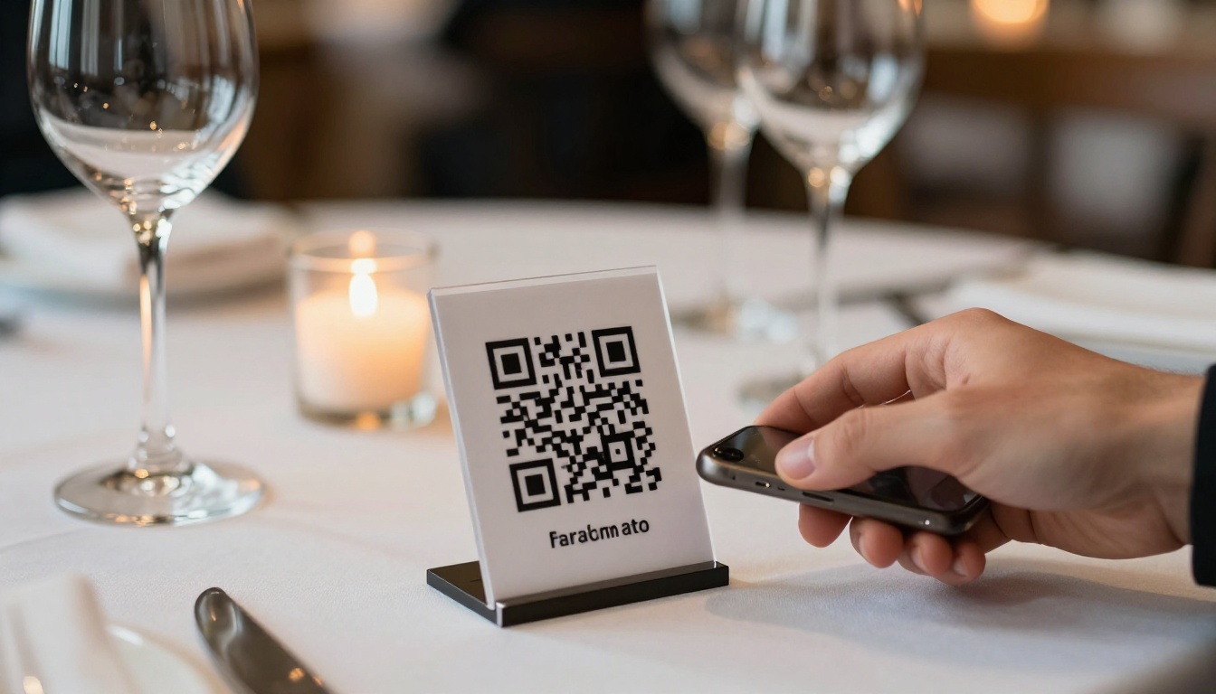 Close-up of an elegant acrylic table stand with a QR code card on a restaurant table, customer hand reaching in with a smartphone to scan it, warm candlelight in the soft background Close-up of an elegant acrylic table stand with a QR code card on a restaurant table, customer hand reaching in with a smartphone to scan it, warm candlelight in the soft background