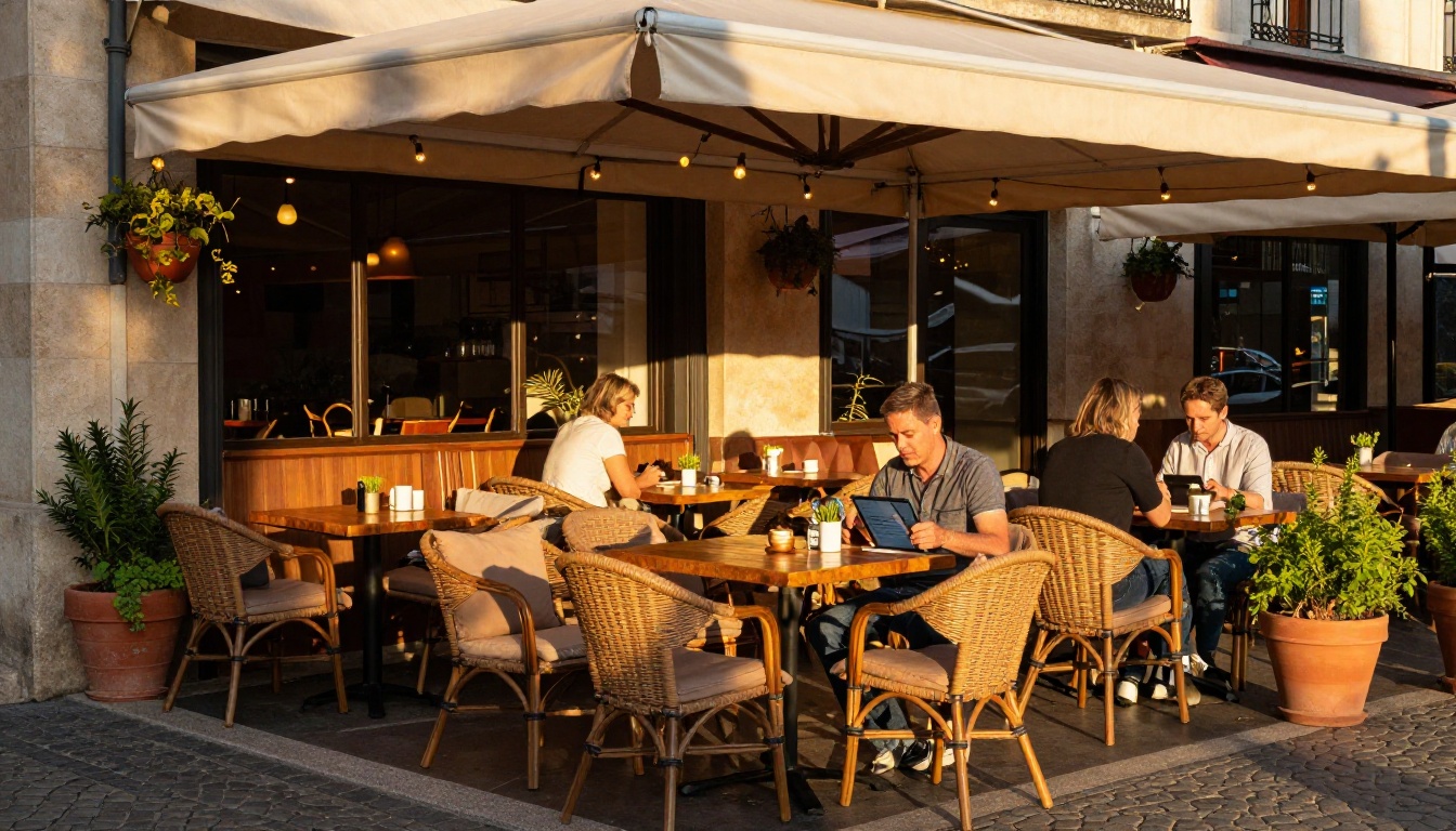 Charming outdoor cafe terrace in late afternoon golden hour, wicker chairs with cushions under a canvas awning, string lights glowing, customer using a tablet to browse a digital menu Charming outdoor cafe terrace in late afternoon golden hour, wicker chairs with cushions under a canvas awning, string lights glowing, customer using a tablet to browse a digital menu