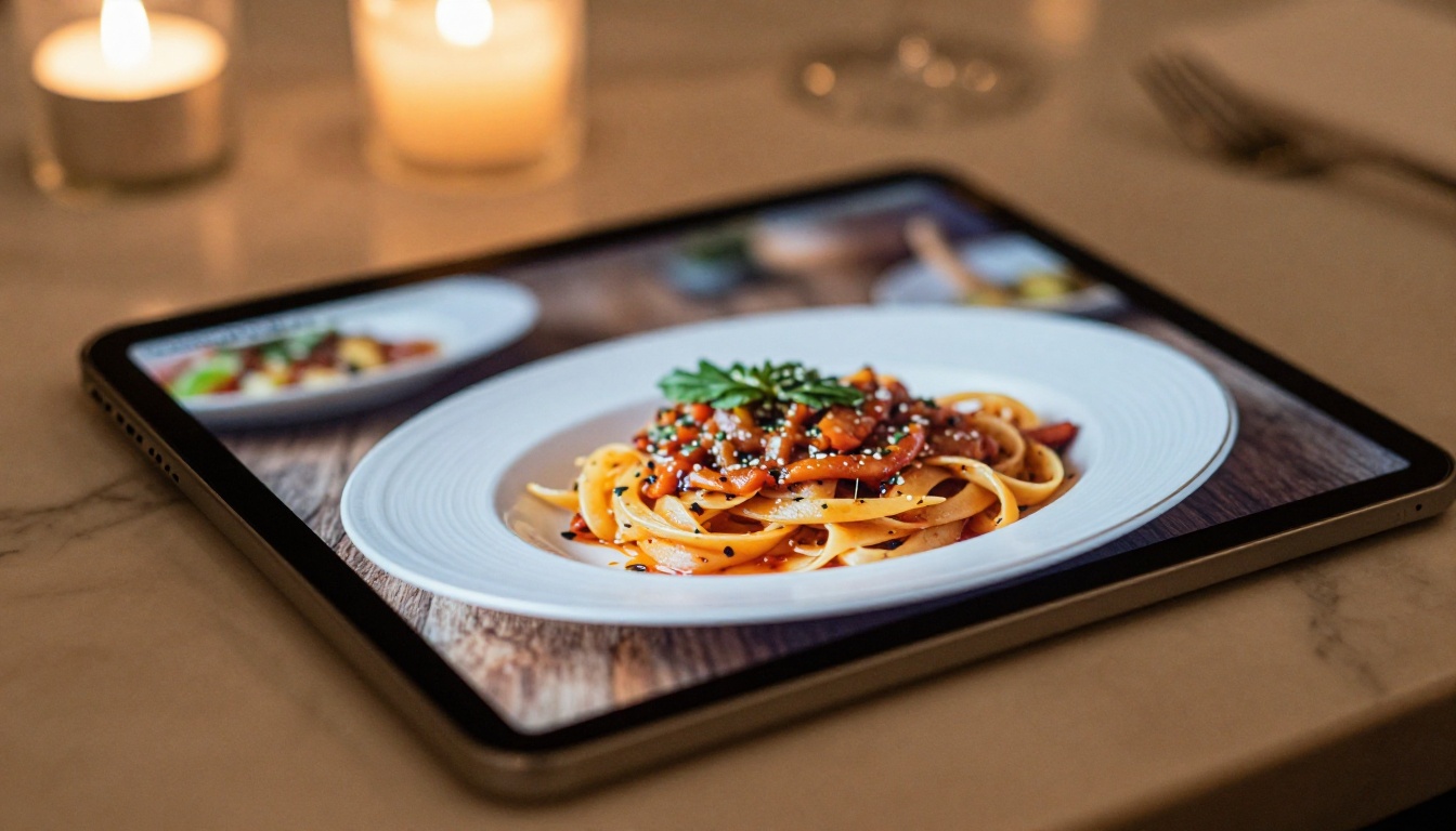 Close-up of a high-end tablet on a marble restaurant table displaying a beautiful digital flipbook menu with realistic page-turn effect, warm ambient candlelight in background Close-up of a high-end tablet on a marble restaurant table displaying a beautiful digital flipbook menu with realistic page-turn effect, warm ambient candlelight in background