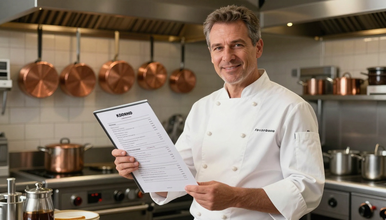Professional male chef in a white double-breasted coat standing at a stainless steel kitchen pass, holding a printed menu beside a tablet showing the digital version, confident smile Professional male chef in a white double-breasted coat standing at a stainless steel kitchen pass, holding a printed menu beside a tablet showing the digital version, confident smile