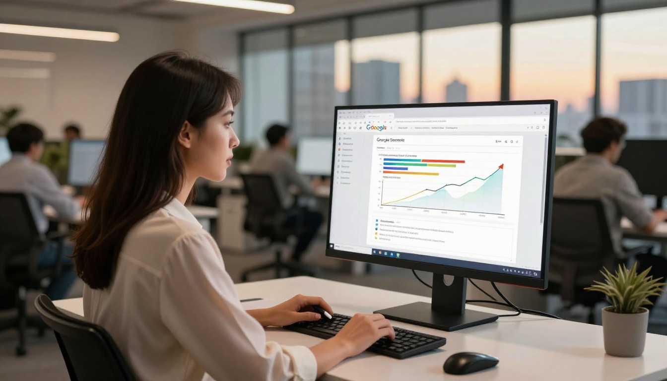 SEO analytics professional reviewing organic traffic data on a curved monitor SEO analytics professional reviewing organic traffic data on a curved monitor