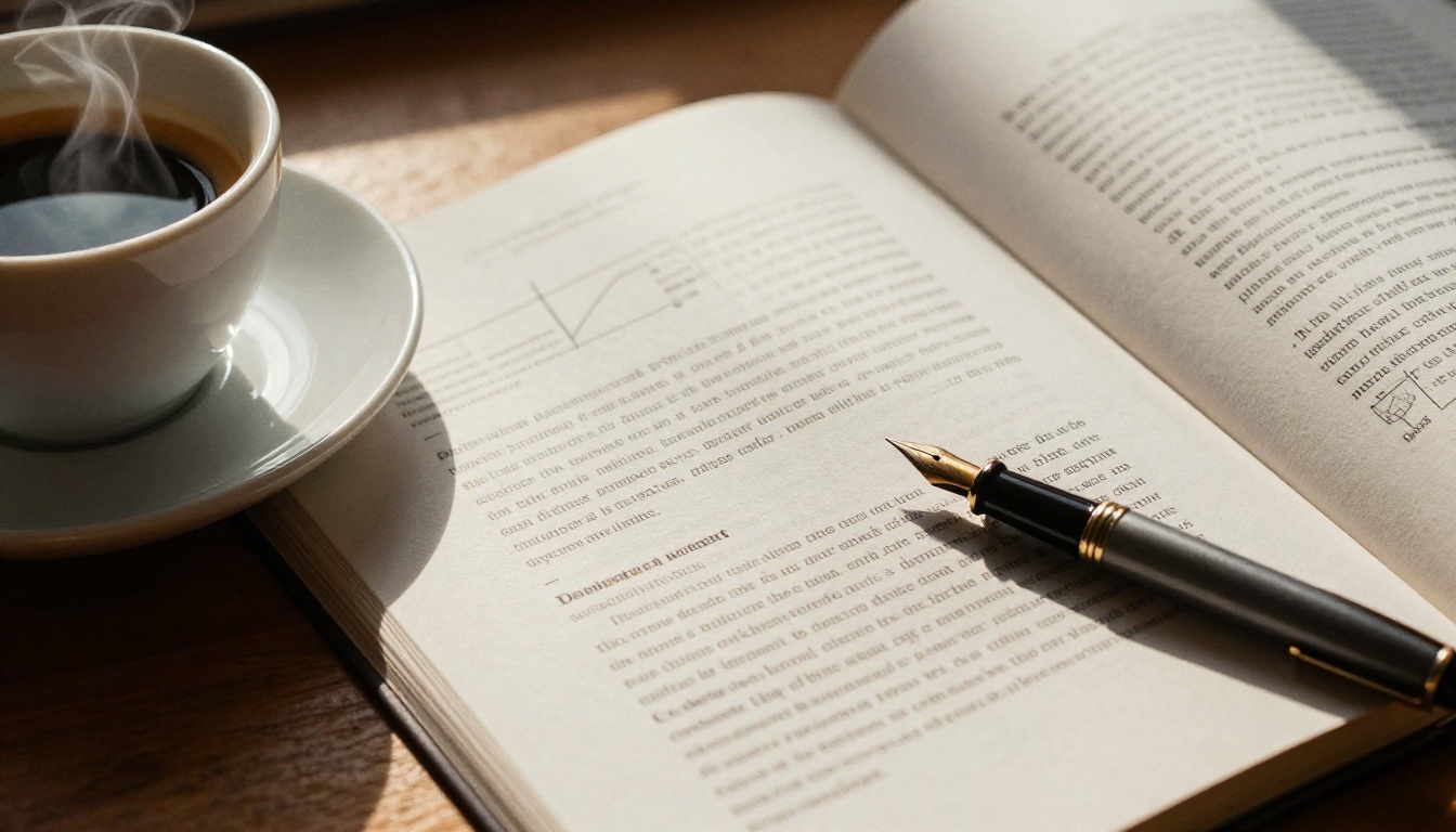 Open PDF document on oak desk with espresso cup and fountain pen in warm afternoon light Open PDF document on oak desk with espresso cup and fountain pen in warm afternoon light