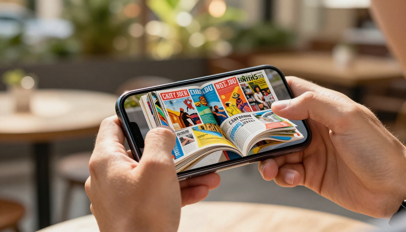 Young man's hands holding smartphone displaying vibrant interactive flipbook at outdoor cafe Young man's hands holding smartphone displaying vibrant interactive flipbook at outdoor cafe