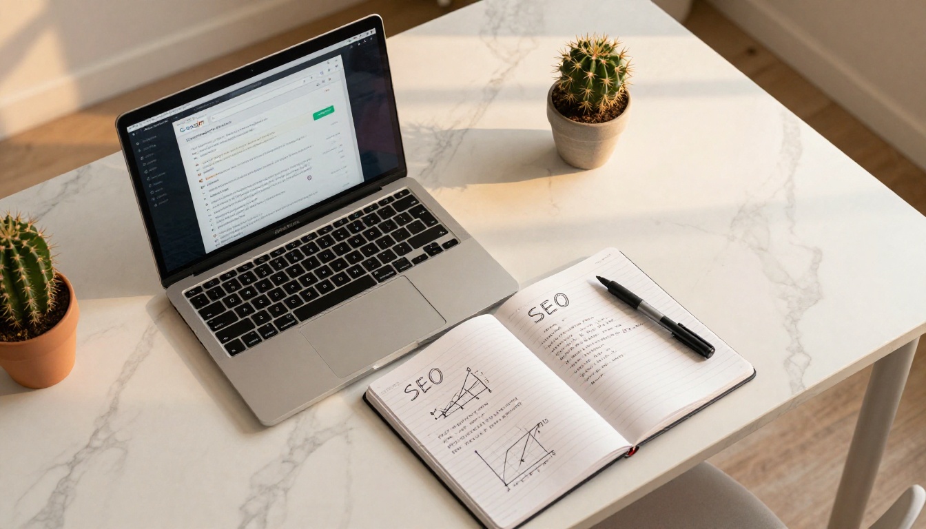 Aerial overhead view of workspace with laptop showing Google search results and SEO notes notebook Aerial overhead view of workspace with laptop showing Google search results and SEO notes notebook