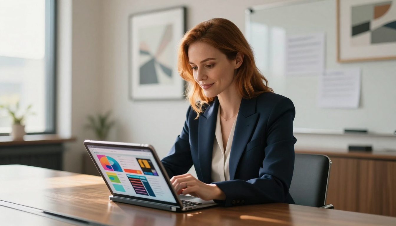 Confident businesswoman with auburn hair scrolling digital catalog flipbook on iPad in conference room Confident businesswoman with auburn hair scrolling digital catalog flipbook on iPad in conference room