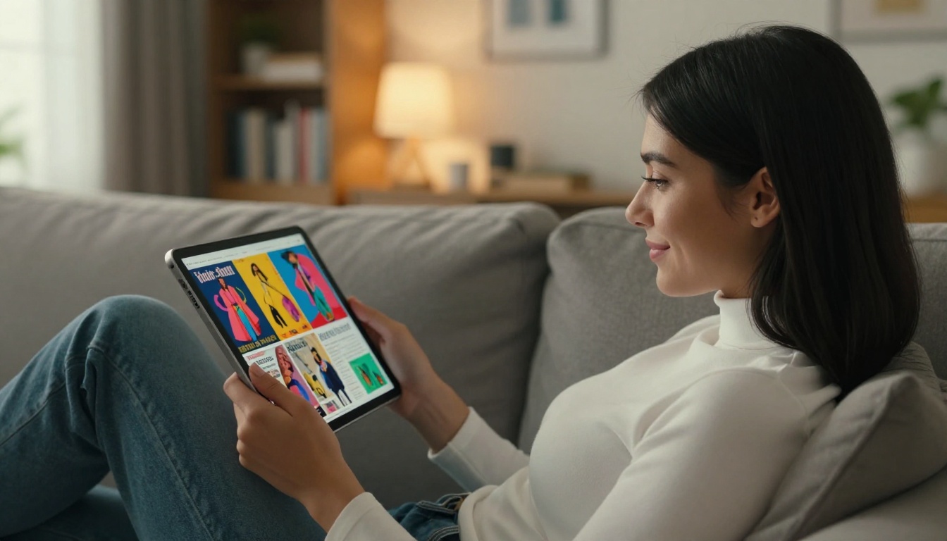 Young woman on grey sofa reading vibrant digital magazine flipbook on tablet in warm home setting Young woman on grey sofa reading vibrant digital magazine flipbook on tablet in warm home setting