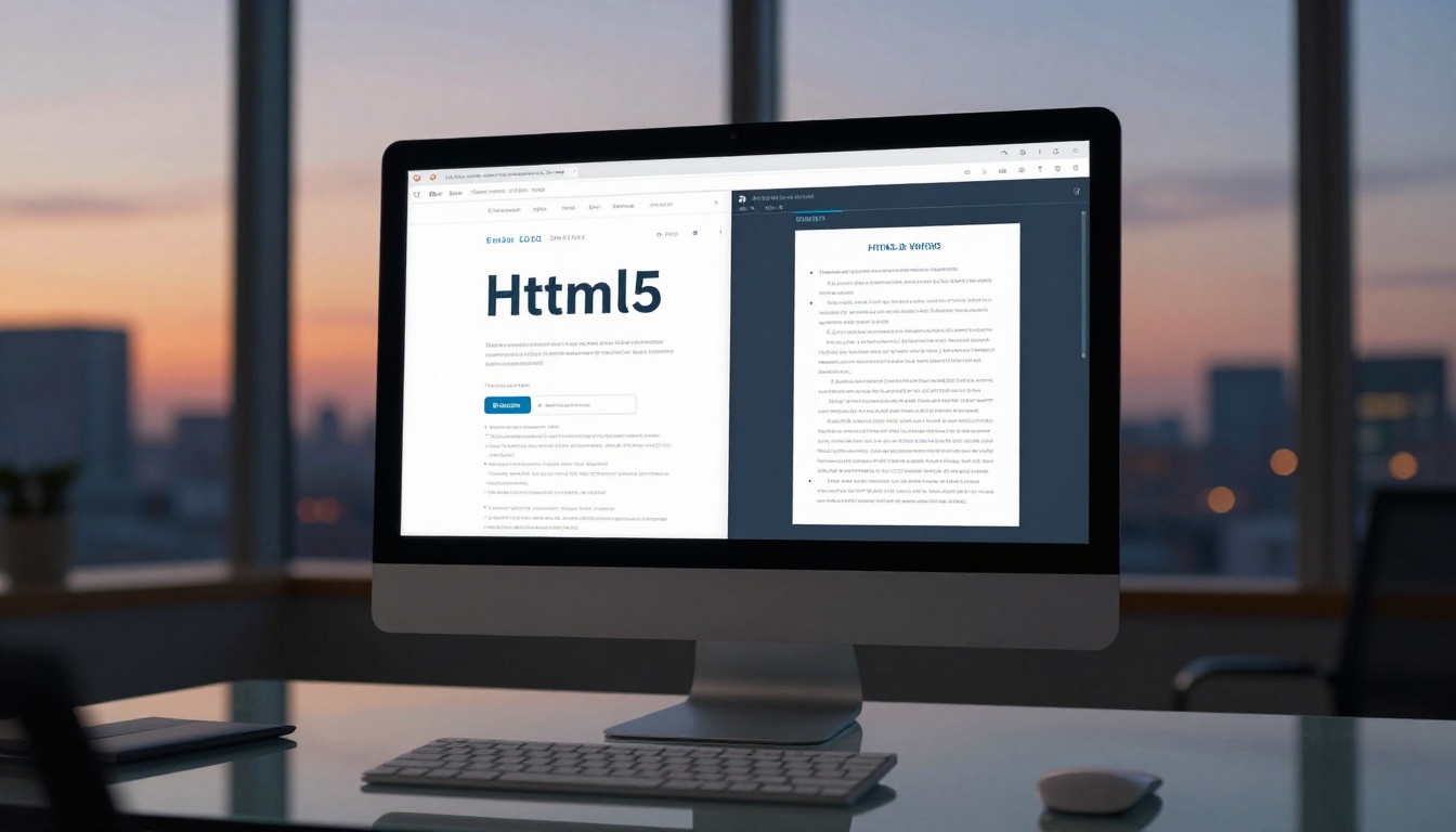Desktop monitor displaying HTML5 vs PDF split-screen comparison in executive office at dusk with city skyline Desktop monitor displaying HTML5 vs PDF split-screen comparison in executive office at dusk with city skyline