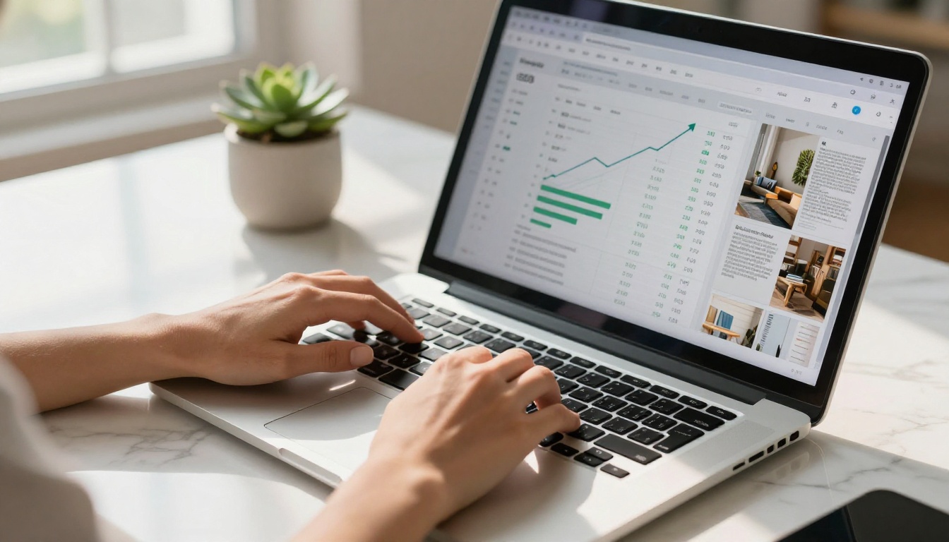 SEO analytics displayed on laptop screen with rising organic traffic metrics and digital flipbook open in browser tab