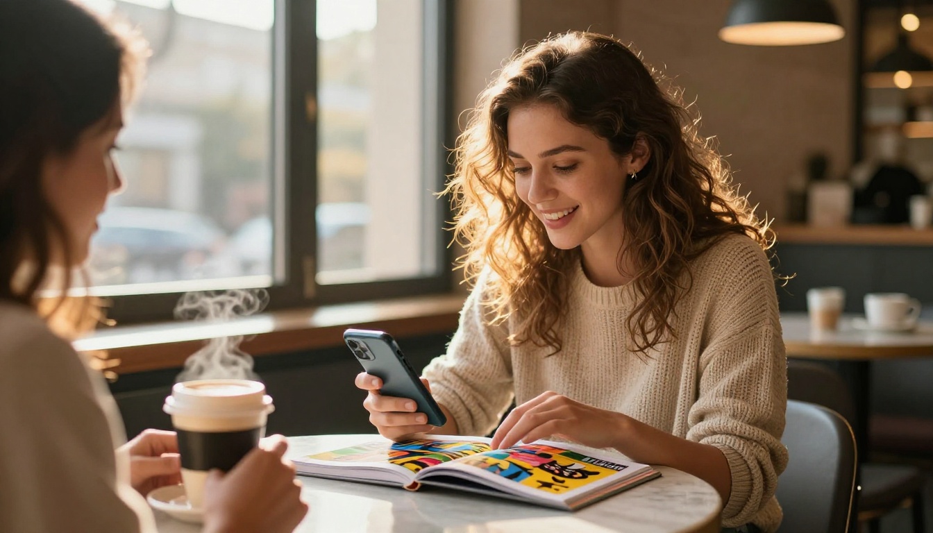 Young woman sharing a digital flipbook on her smartphone with a friend at a cafe table with morning sunlight