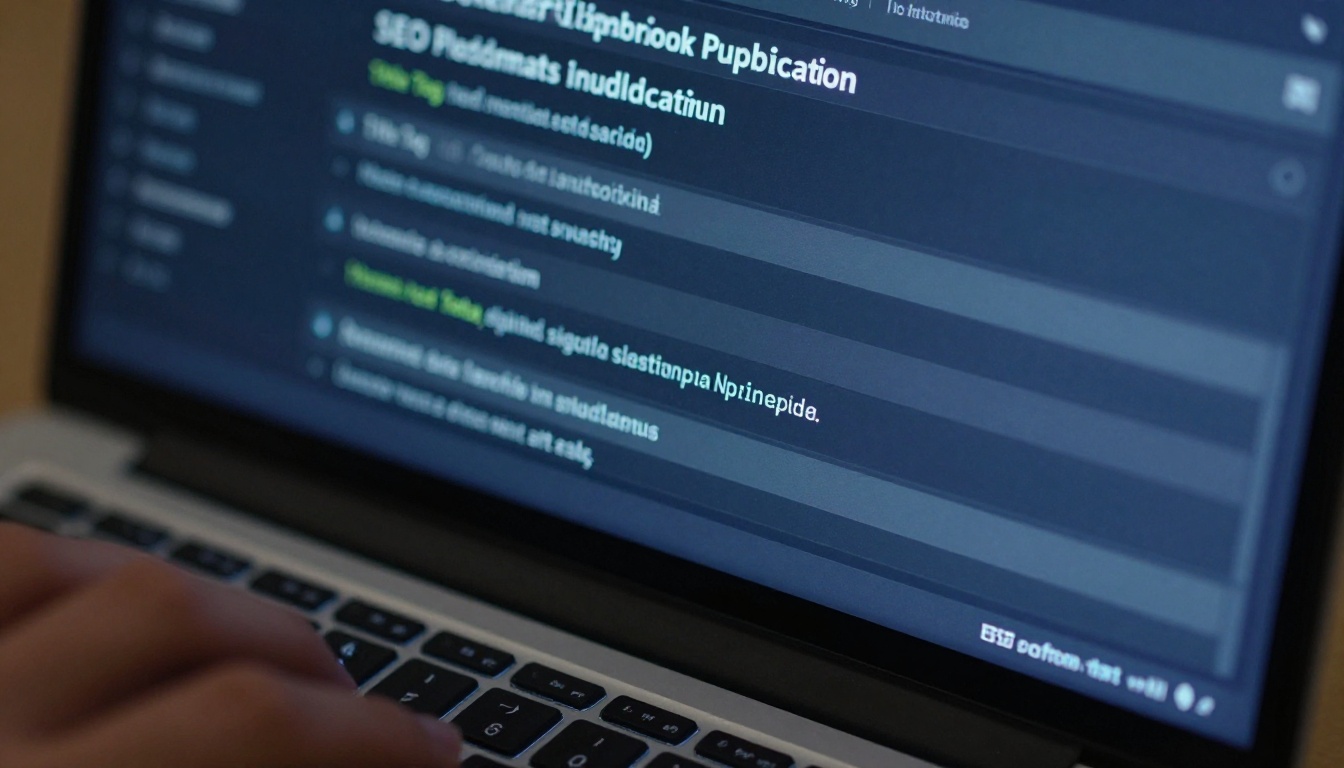 Macro close-up of a laptop screen showing an SEO metadata editor interface with fields filled out for a digital flipbook
