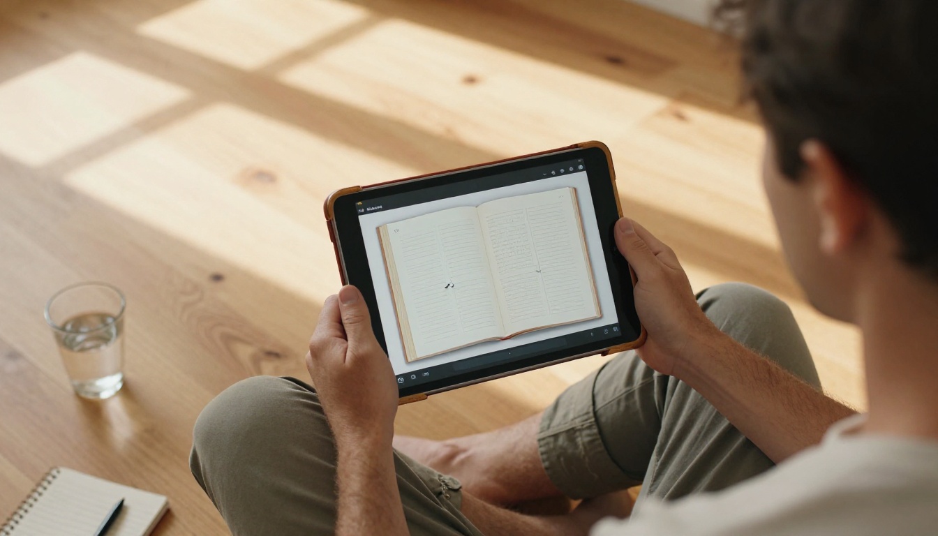Overhead aerial view of a man reading a digital flipbook on a tablet while sitting cross-legged on a hardwood floor