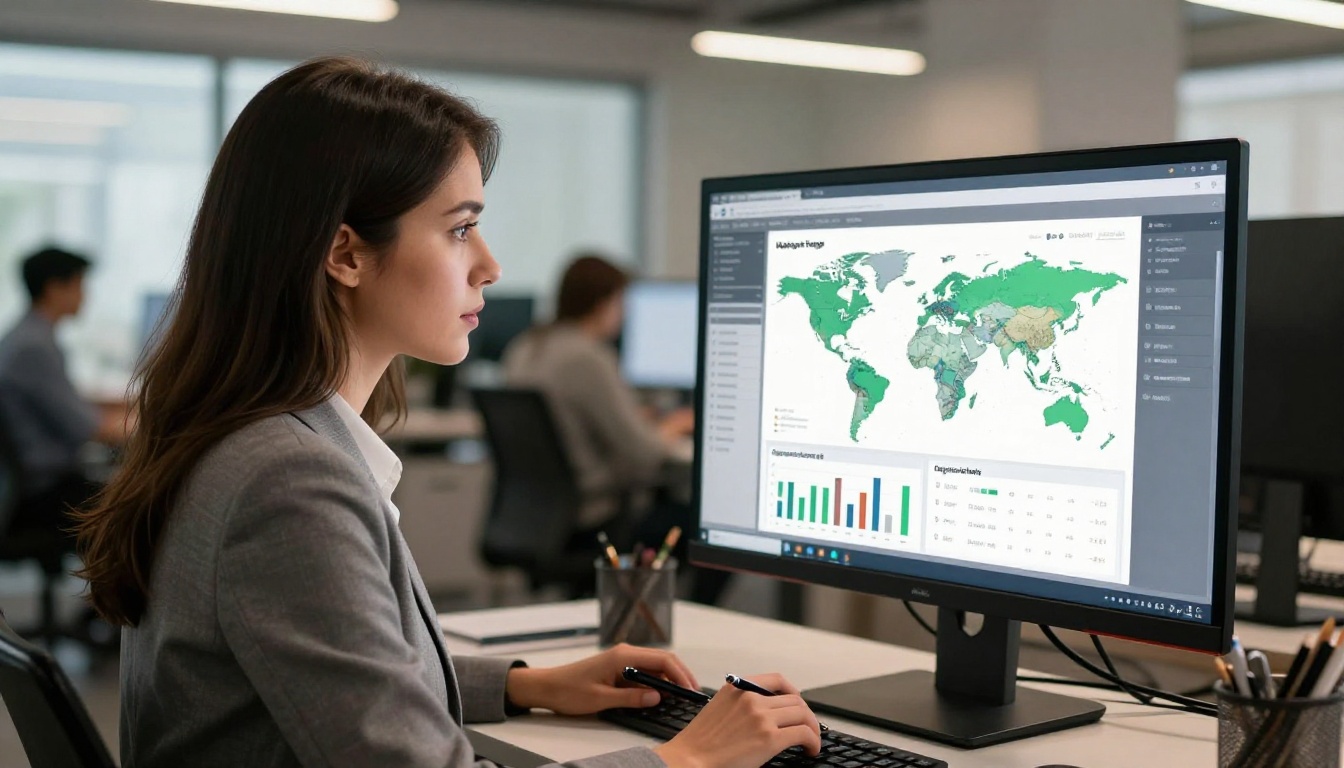 Professional woman reviewing flipbook analytics dashboard on large monitor at standing desk in open-plan office