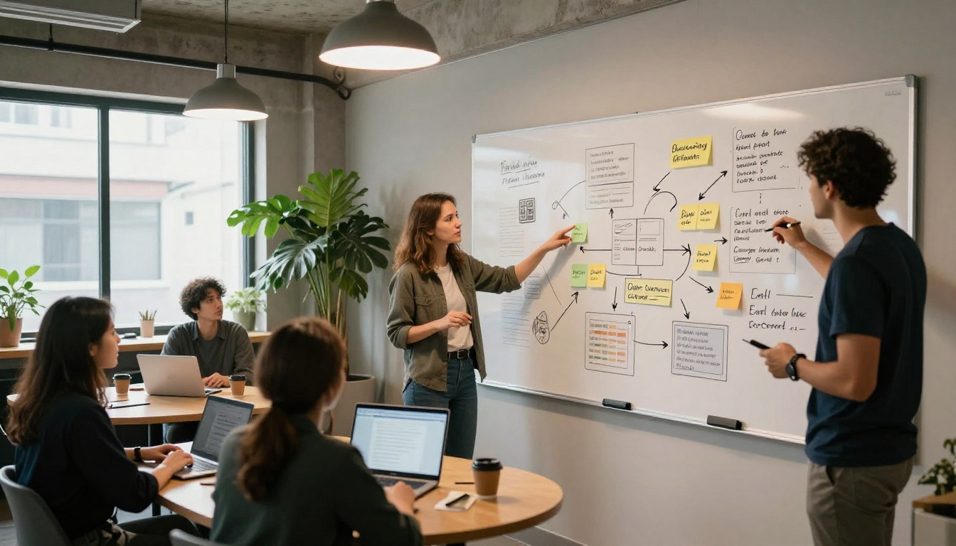 Content team gathered around a whiteboard planning digital publishing strategy in creative workspace