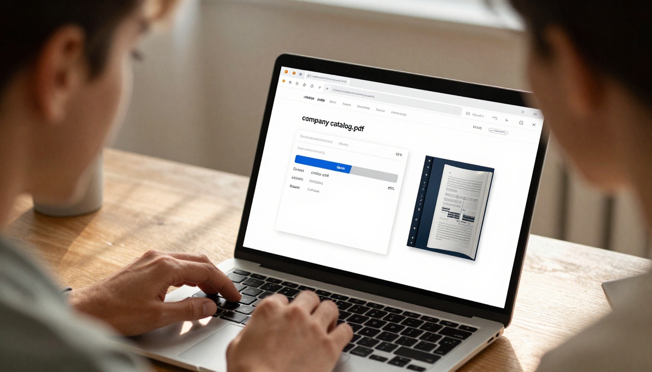 Person uploading a PDF document to be converted into a digital flipbook on a laptop in a home office