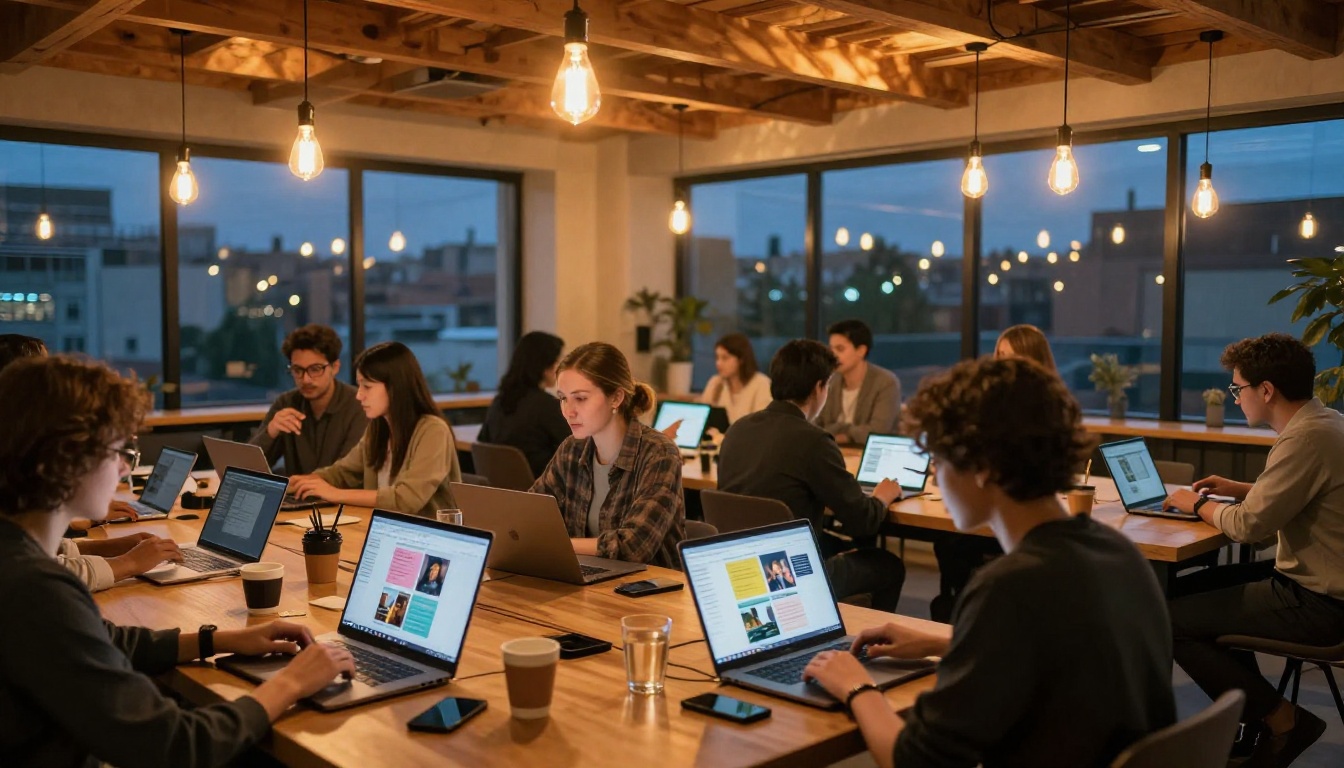 Professionals working on laptops and tablets in an atmospheric evening co-working space with warm Edison bulb lighting