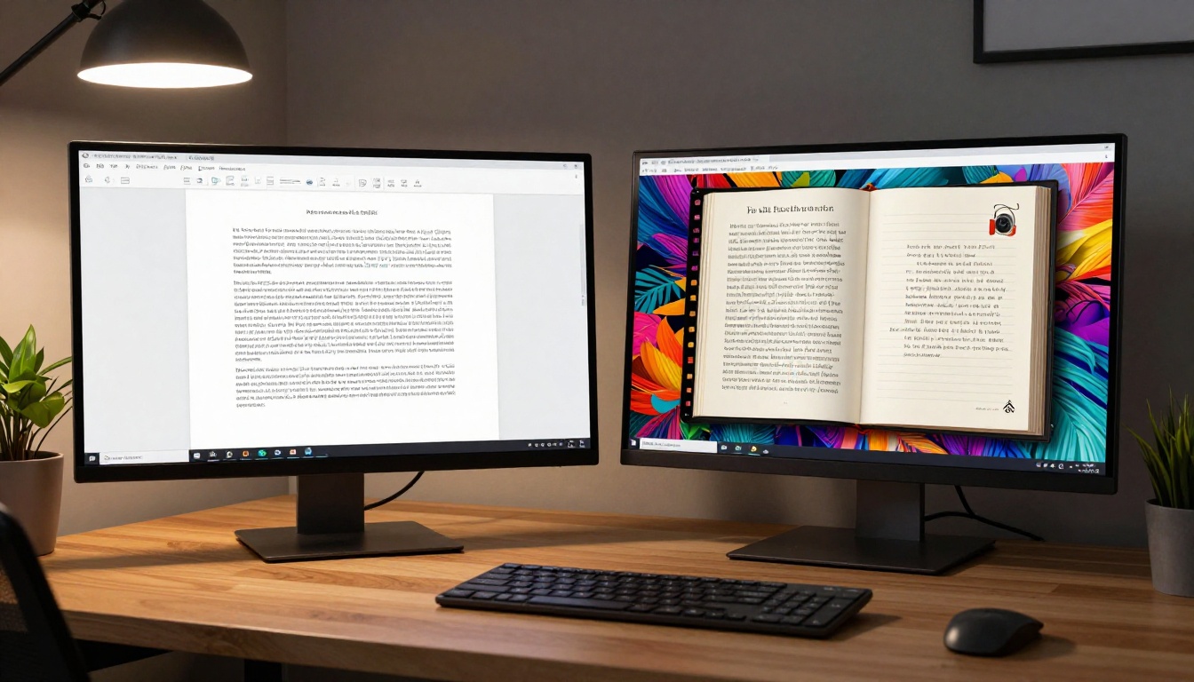 Two monitor screens showing a PDF document and a colorful flipbook side by side on a desk