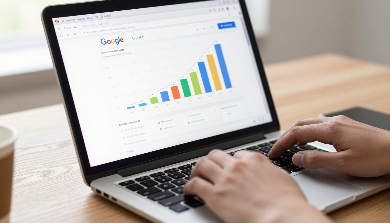 Google Search Console dashboard on MacBook with performance graphs Google Search Console dashboard on MacBook with performance graphs
