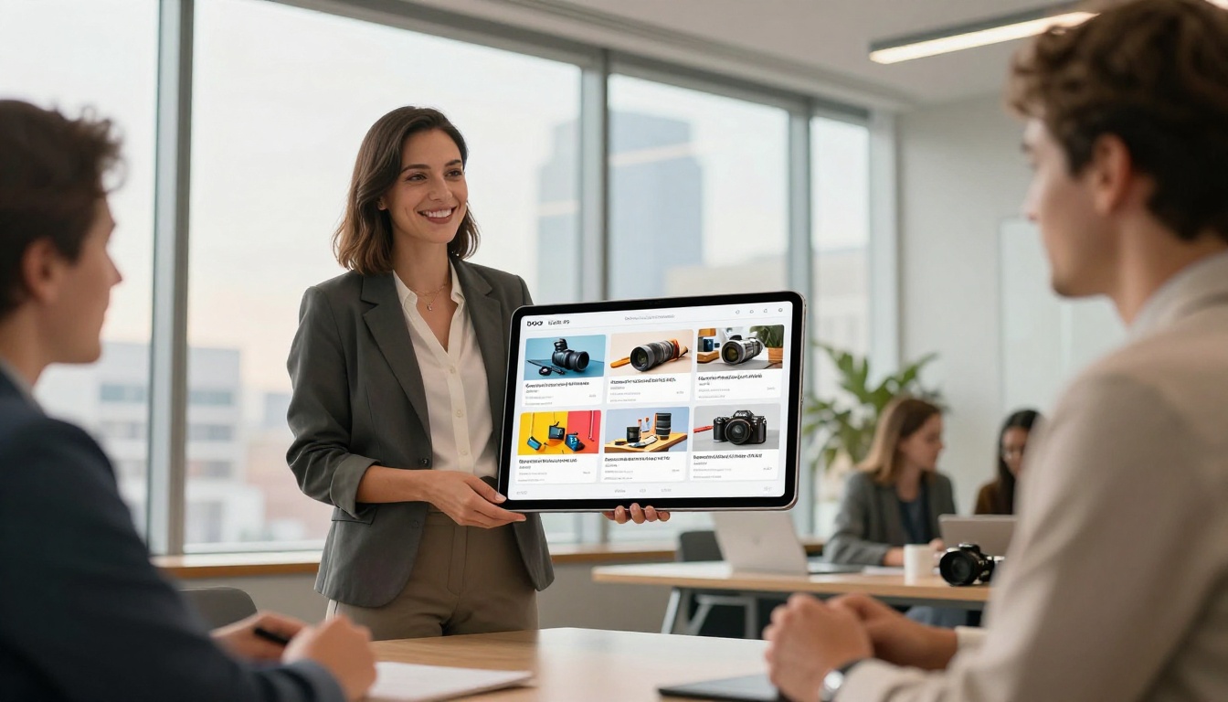 Professional businesswoman presenting a flipbook product catalog on iPad to colleagues in a conference room
