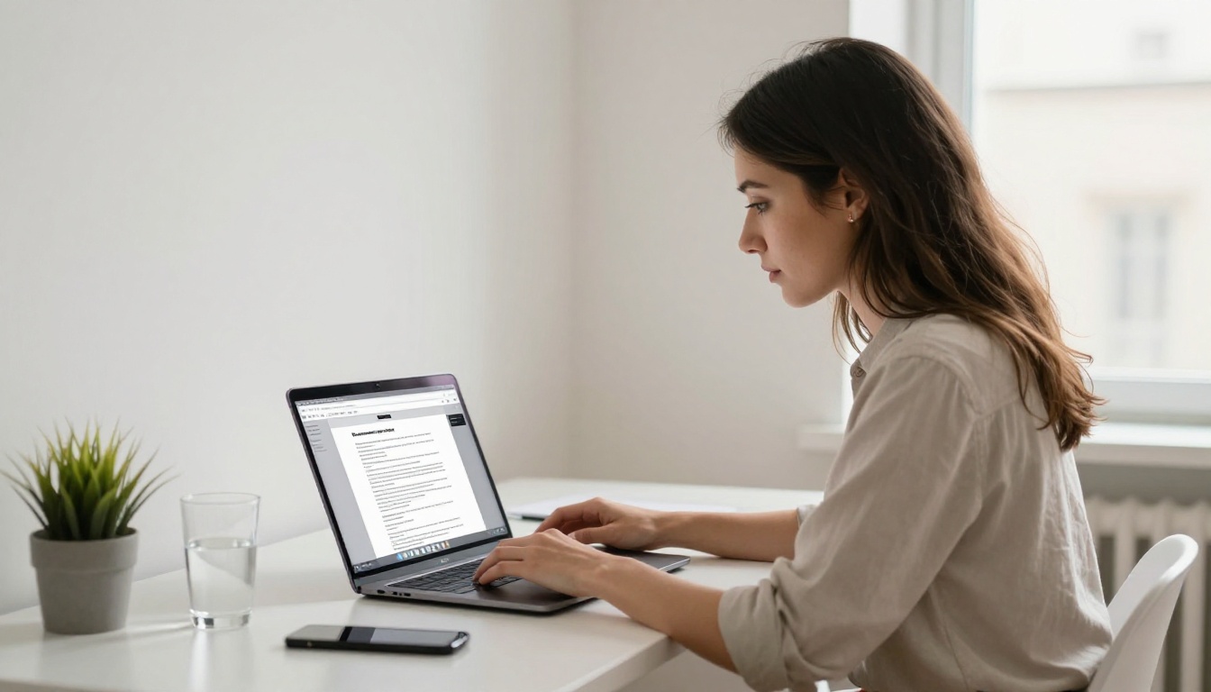 Woman uploading PDF to a digital publishing platform on her laptop Woman uploading PDF to a digital publishing platform on her laptop