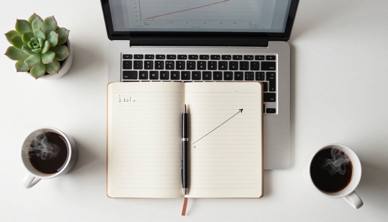 Overhead flat-lay of laptop with SEO ranking chart, notebook, coffee and succulent on white desk