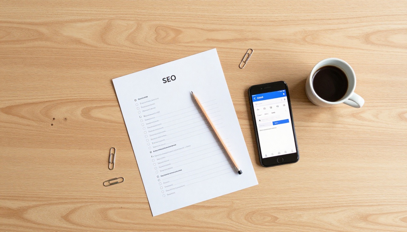 Overhead flat-lay of SEO checklist, espresso, and smartphone on oak desk Overhead flat-lay of SEO checklist, espresso, and smartphone on oak desk