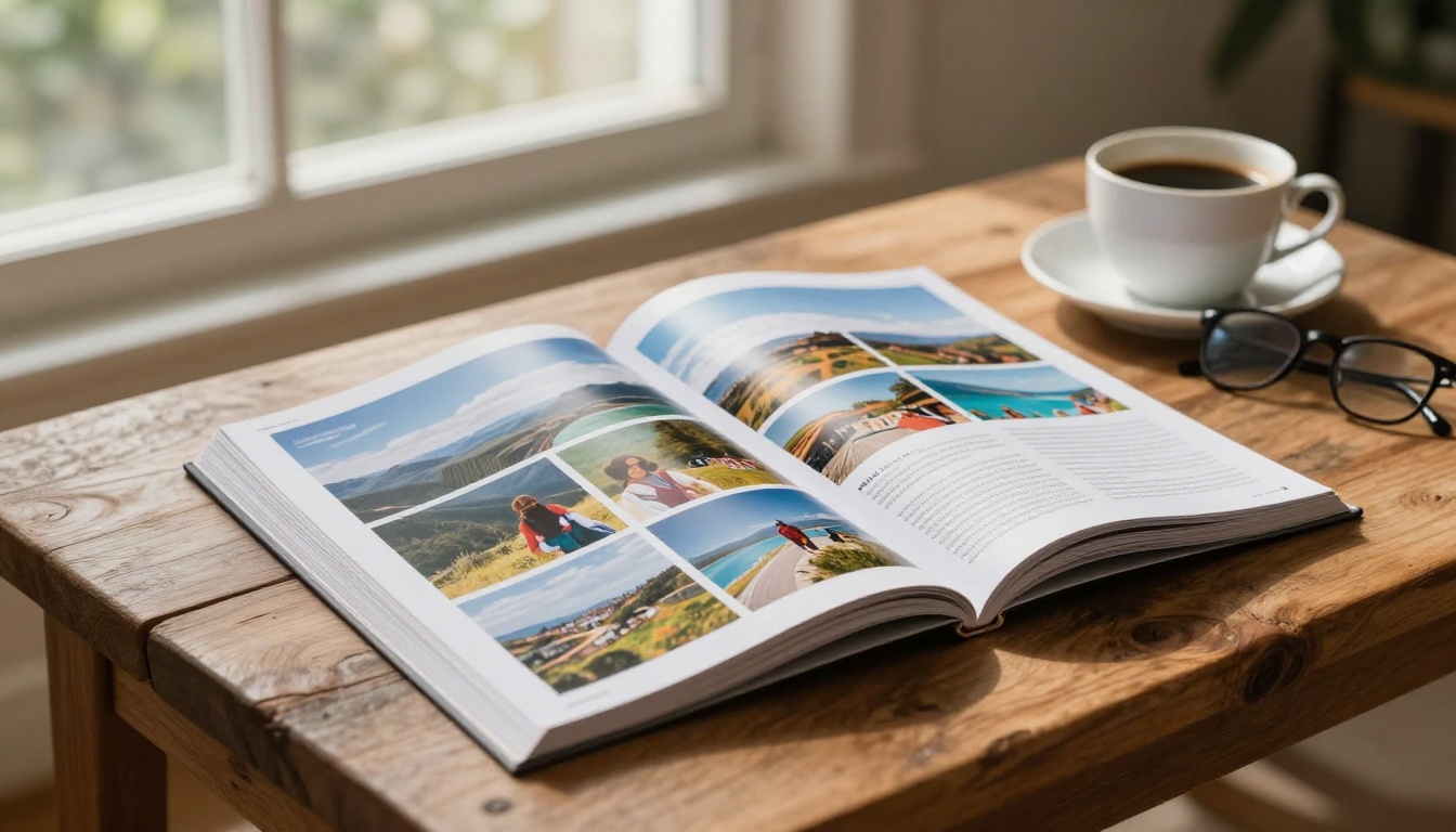 Open digital magazine flipbook on a rustic wooden coffee table with coffee and reading glasses in natural light